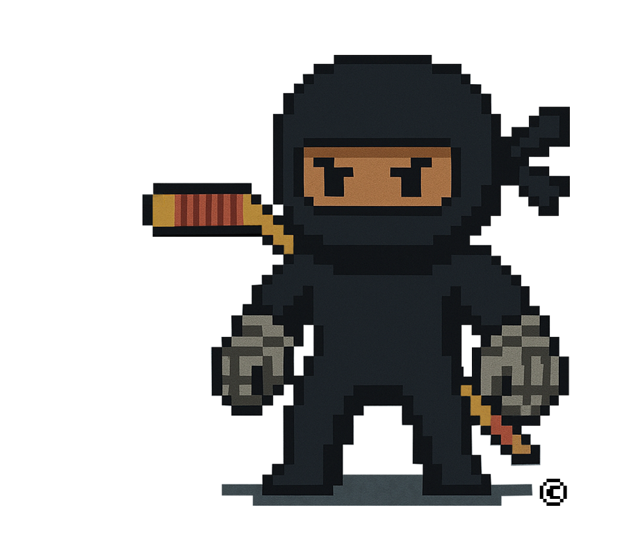 Pixel art character of a ninja with a weapon on a white background